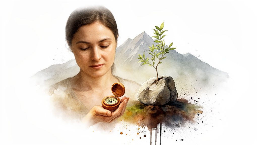 Une femme tient une boussole, regardant le chemin. Un jeune arbre pousse sur un rocher avec des montagnes en fond, style aquarelle.