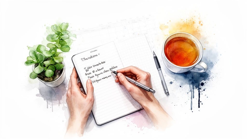 Illustration aquarelle d'une personne écrivant dans un carnet, avec une plante et une tasse de thé sur un bureau blanc.