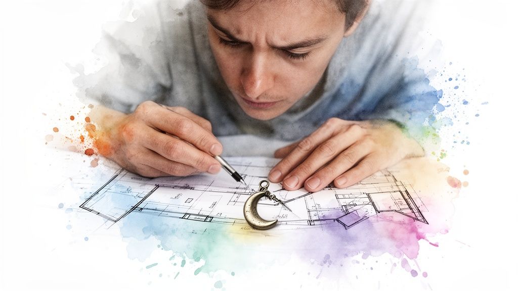Une personne concentrée sur des plans architecturaux, traçant avec un stylo, un pendentif croissant de lune à côté.
