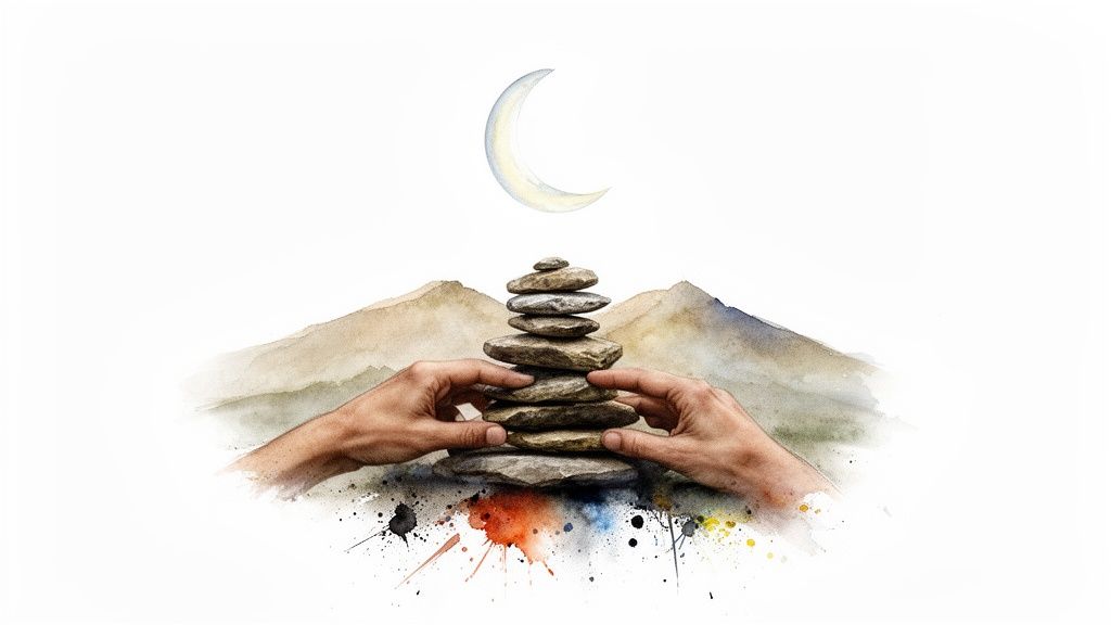 Une illustration aquarelle de mains empilant des pierres pour former un cairn sous une lune et des montagnes.