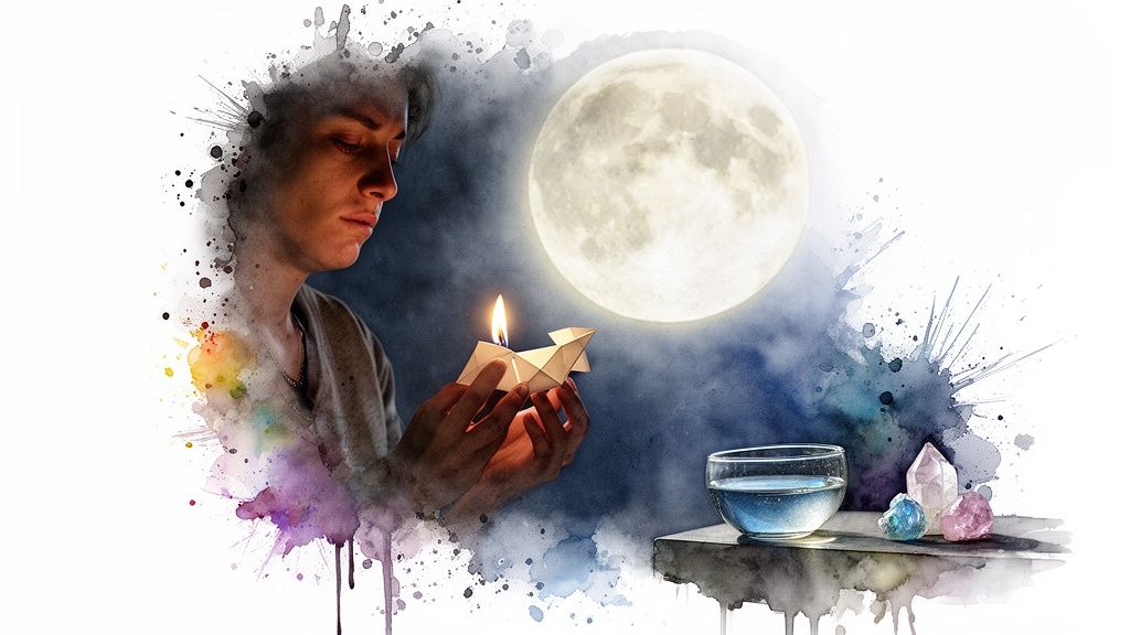 Jeune homme tenant une bougie origami sous la pleine lune, avec des éclaboussures d'aquarelle, de l'eau et des cristaux.