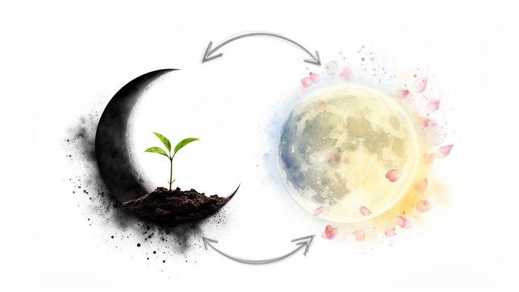 Une lune noire avec une plante verte germant du sol, et une pleine lune lumineuse avec des pétales roses, symbolisant un cycle lunaire.