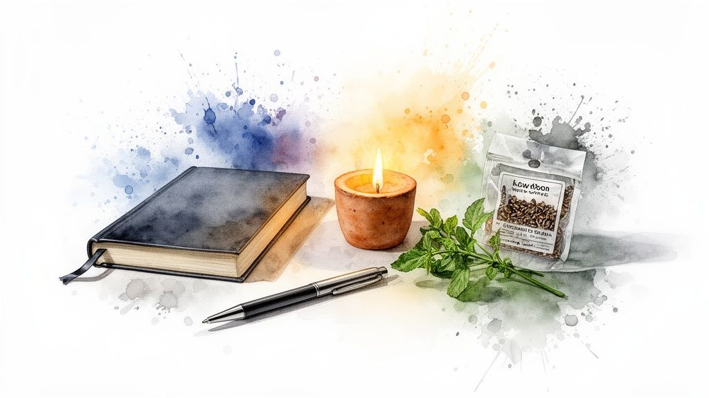 Une illustration aquarelle d'un carnet, un stylo, une bougie allumée, des herbes fraîches et un sachet de graines sur fond blanc.