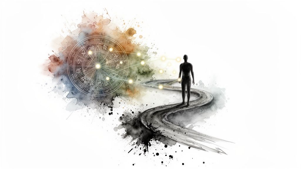 Silhouette humaine sur un chemin, connectée à une roue astrologique par des lumières brillantes, style aquarelle.