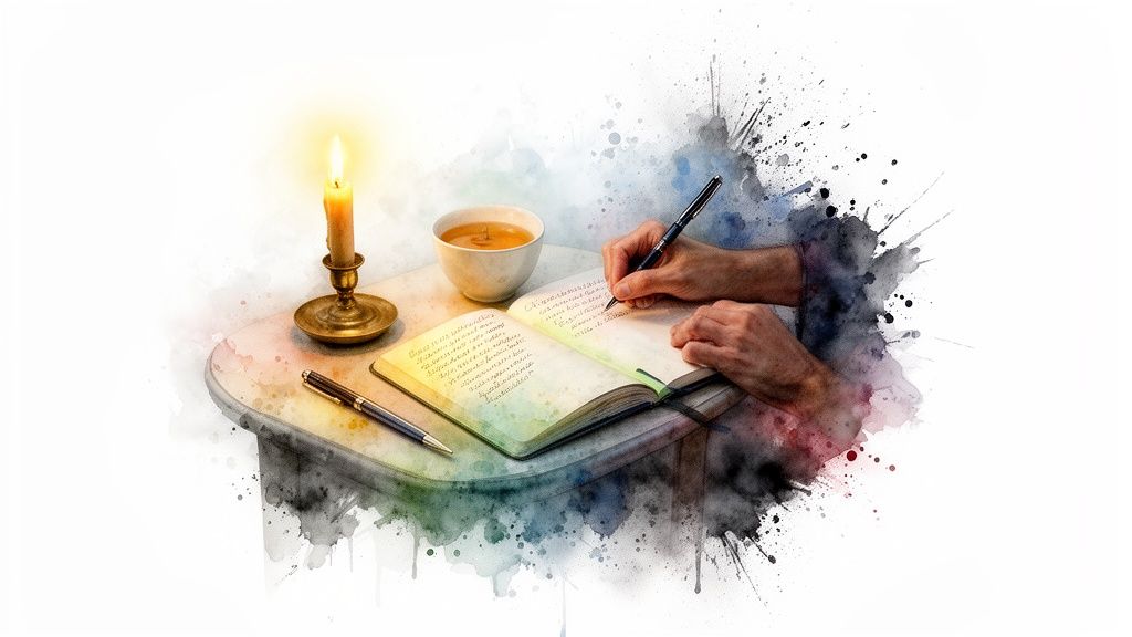 Une personne écrit dans un journal ouvert, éclairée par une bougie, avec un style aquarelle éclaboussé.