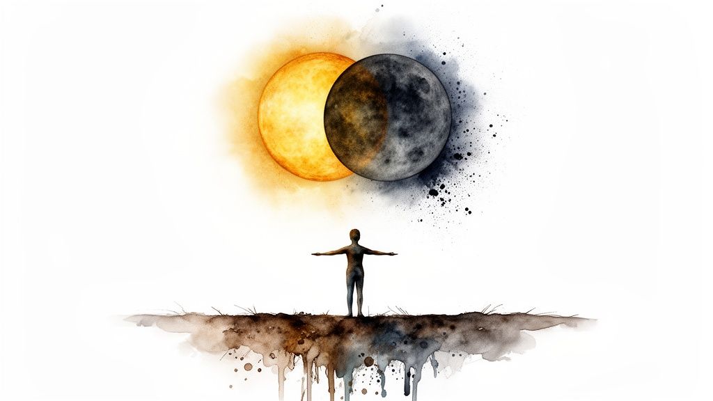 Une personne se tient sous une éclipse solaire et lunaire stylisée à l'aquarelle, symbolisant l'équilibre.