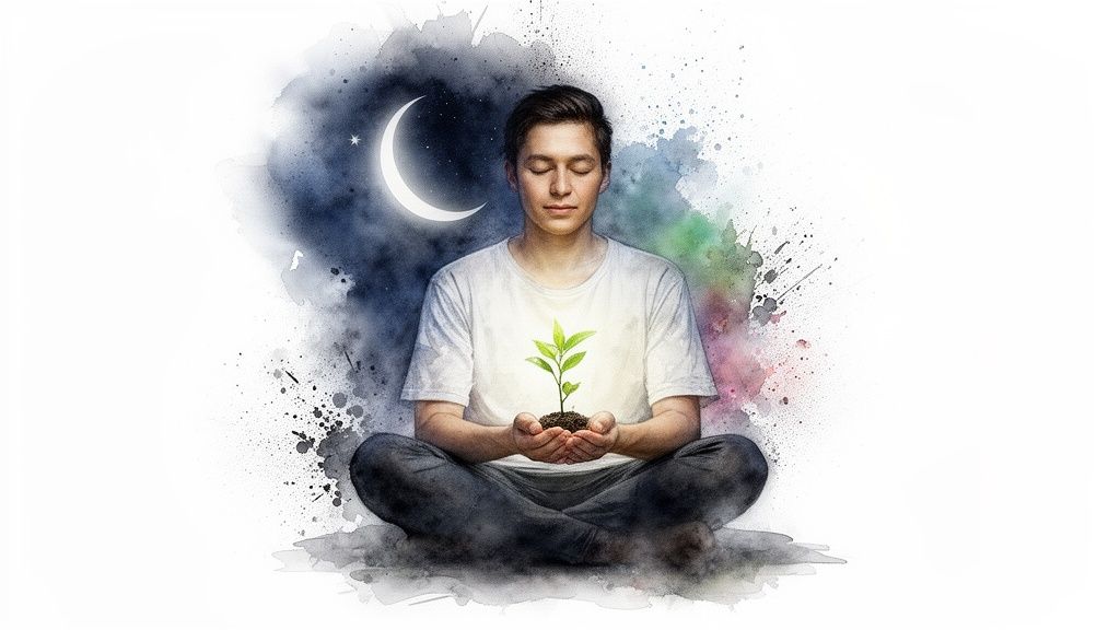 Jeune homme méditant, tenant une plante verte, sous une lune et des étoiles.