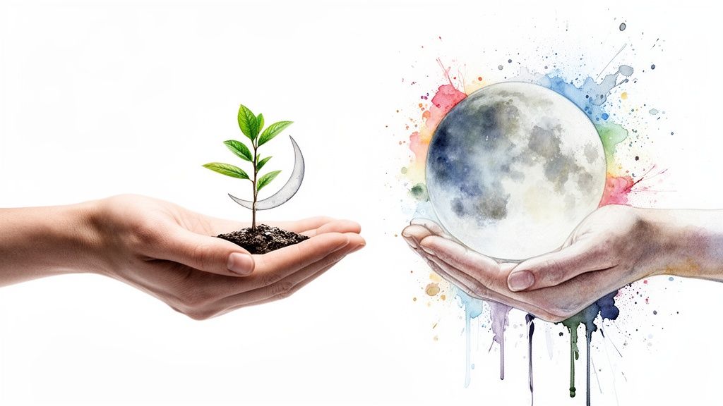 Deux mains tendues, l'une tenant une jeune pousse avec un croissant de lune, l'autre une lune aquarelle colorée.