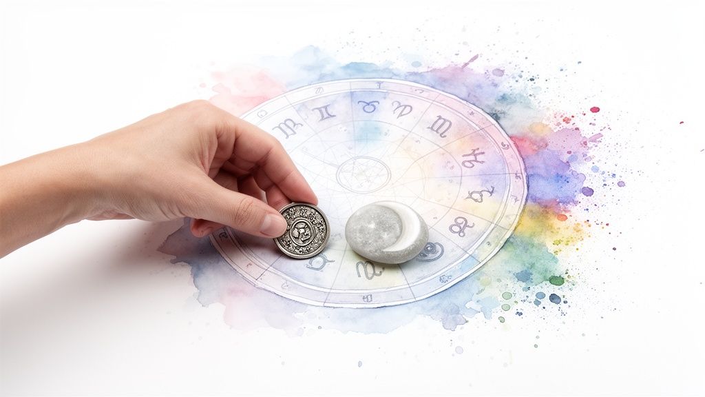 Une main place une pièce sur une carte astrologique aquarelle avec des signes du zodiaque et une pierre de lune.