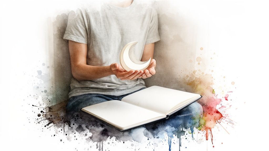 Personne tenant un croissant de lune lumineux au-dessus d'un carnet ouvert, avec des éclaboussures d'aquarelle.