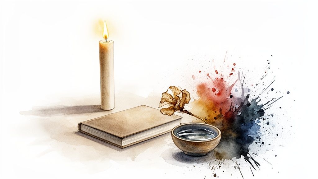 Une bougie allumée, un livre, une fleur séchée et un bol d'eau, avec des éclaboussures d'aquarelle.