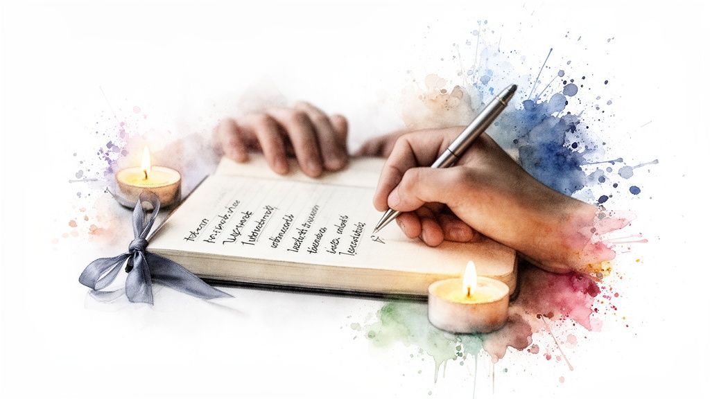 Mains écrivant dans un journal ouvert à la lueur des bougies, avec des éclaboussures d'aquarelle artistiques.