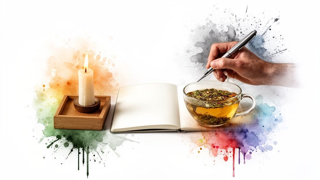 Bougie allumée, cahier ouvert, tasse de thé et main écrivant, entourés d'éclaboussures d'aquarelle.