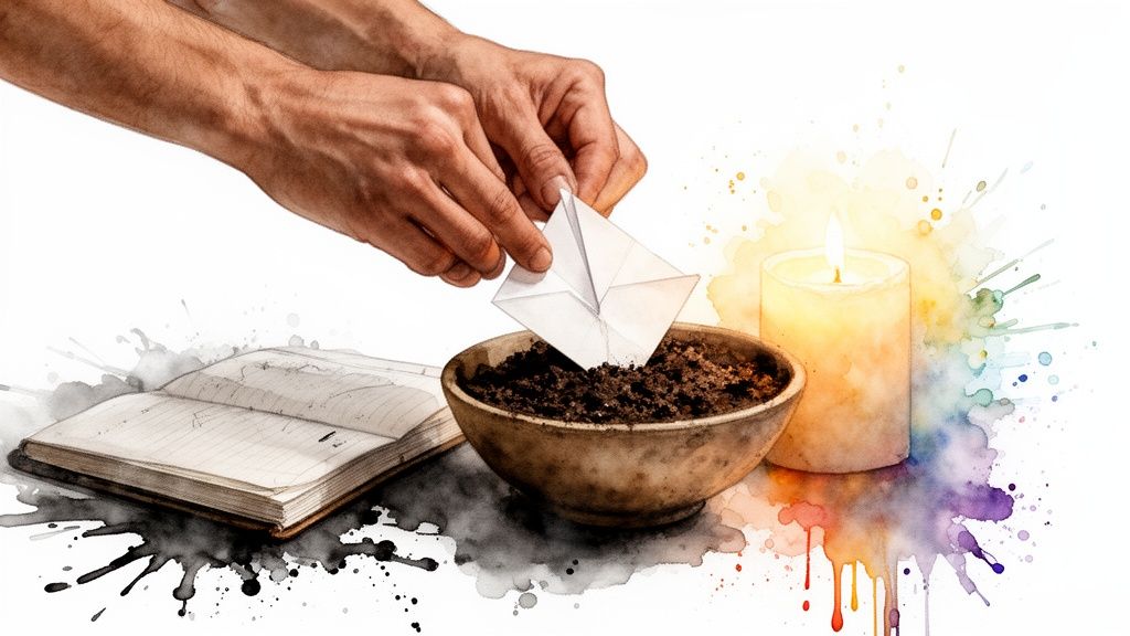 Mains plantant une graine de papier dans un pot de terre, avec un livre ouvert et une bougie allumée, sur fond d'aquarelle.