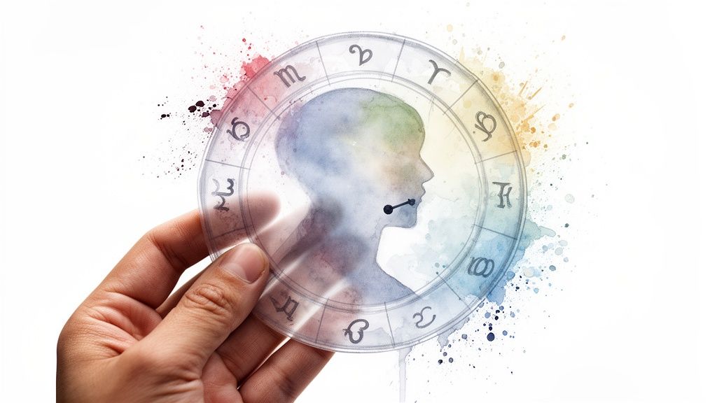 Une main tient un disque transparent avec des signes du zodiaque et une silhouette colorée d'une tête, entourée d'éclaboussures d'aquarelle.