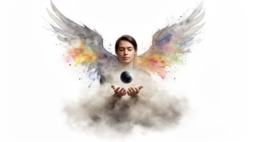 Image mystique d'une personne ailée aux couleurs vives tenant une petite planète dans la brume.
