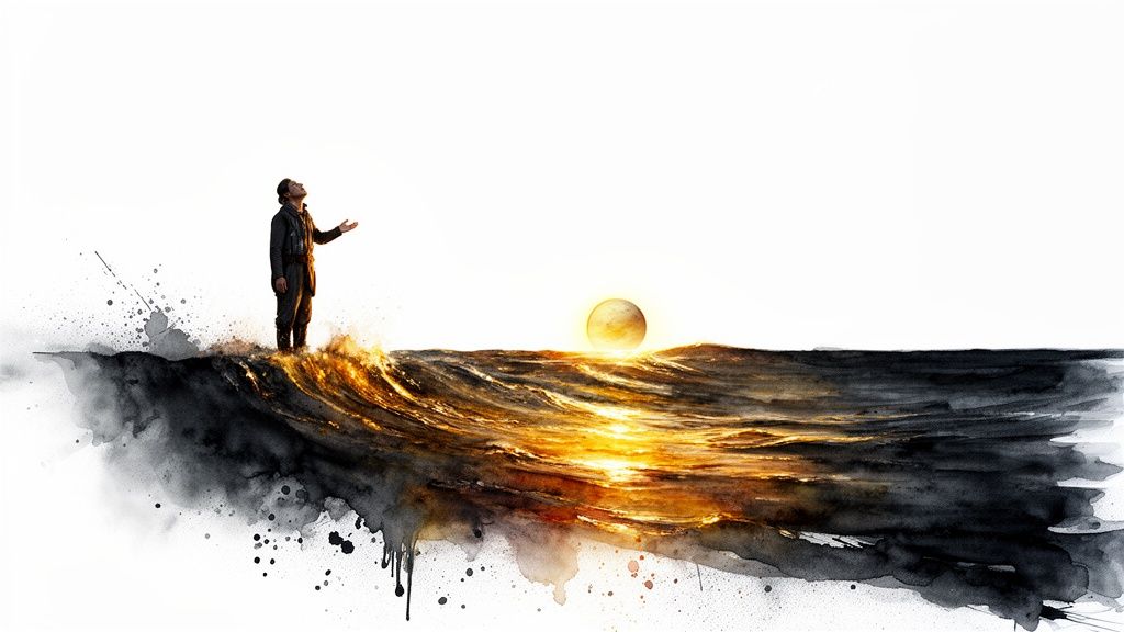 Homme debout sur des vagues sombres, regardant un soleil doré, dans un style aquarelle mystérieux et contemplatif.