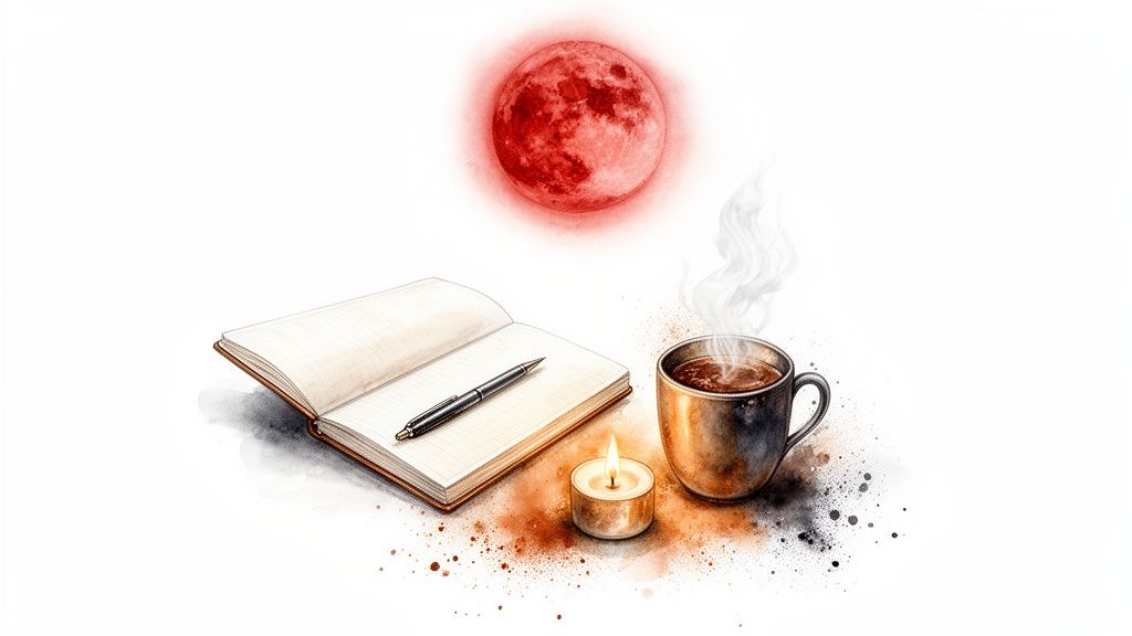 Cahier ouvert, stylo, tasse fumante, bougie allumée et pleine lune rouge sur fond blanc, style aquarelle.