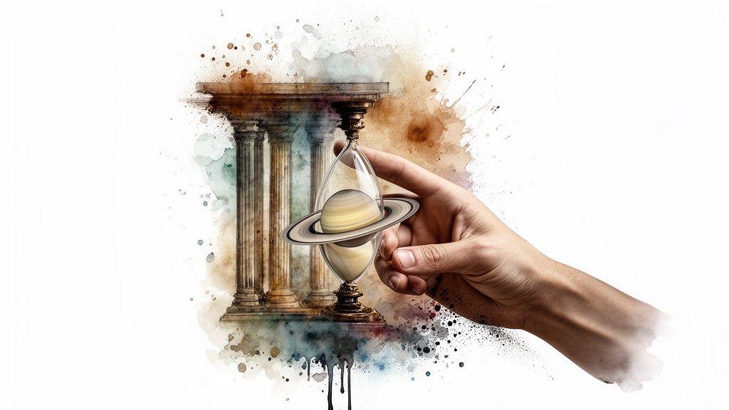 Main tenant un sablier avec la planète Saturne, fond de colonnes antiques et éclaboussures d'aquarelle symbolisant le temps et l'astrologie.