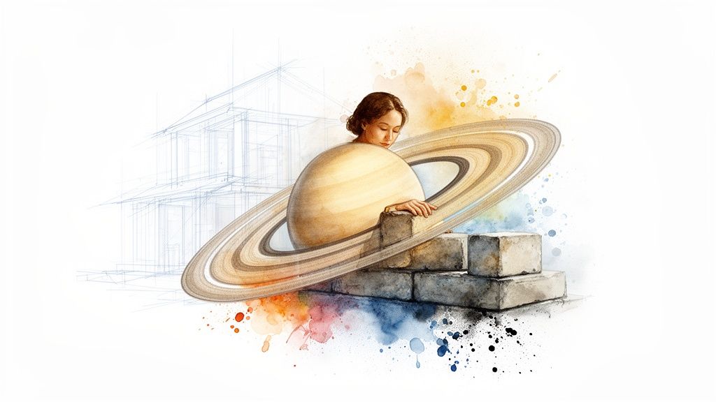 Une femme émerge de Saturne avec ses anneaux, posant la main sur des blocs, sur fond d'esquisse architecturale et d'aquarelle.