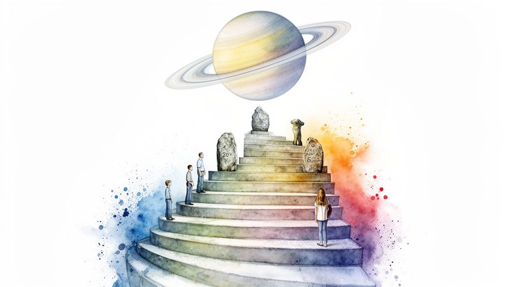 Illustration onirique d'une ascension d'escaliers vers Saturne, jalonnée de pierres et de figures humaines, sur fond coloré.