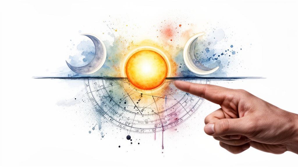 Illustration aquarelle du soleil, deux lunes, un thème astral astrologique et un doigt pointant.