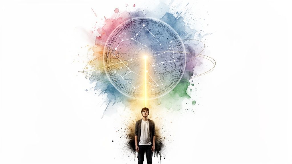 Un homme sous une carte céleste lumineuse avec des constellations et des éclaboussures d'aquarelle colorées.