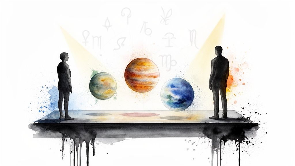 Deux silhouettes humaines contemplent trois planètes flottantes et des symboles astrologiques dans une scène stylisée.