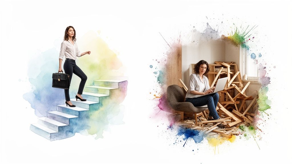 Une femme monte des escaliers colorés et une autre travaille sur ordinateur au milieu de débris artistiques.