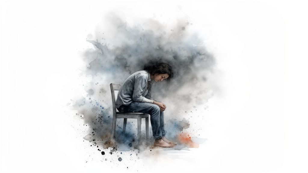 Une personne assise, tête baissée, au milieu d'une brume sombre, évoquant la tristesse et l'isolement.