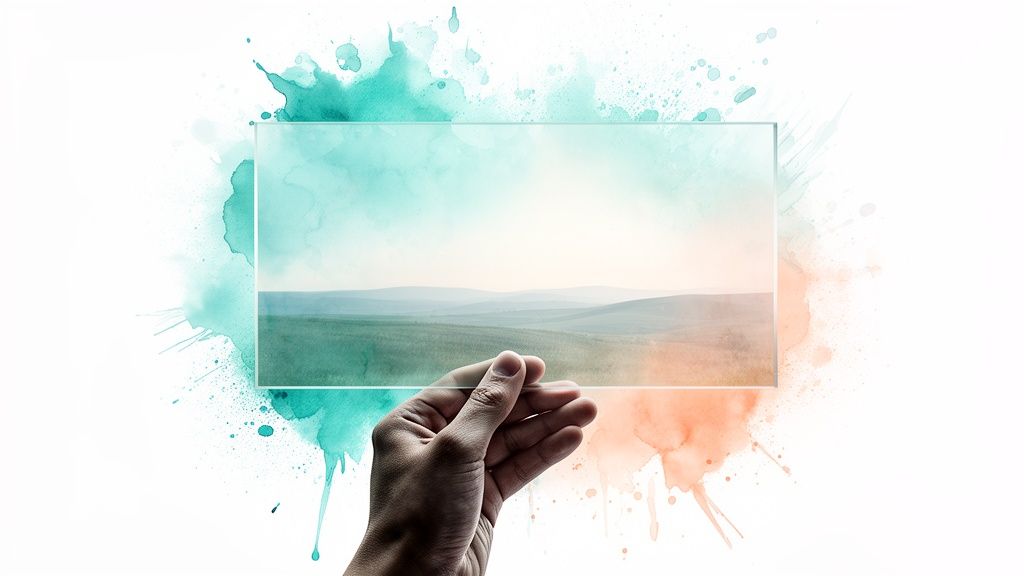 Une main tient un écran transparent affichant un paysage de collines et ciel, avec des taches d'aquarelle colorées.