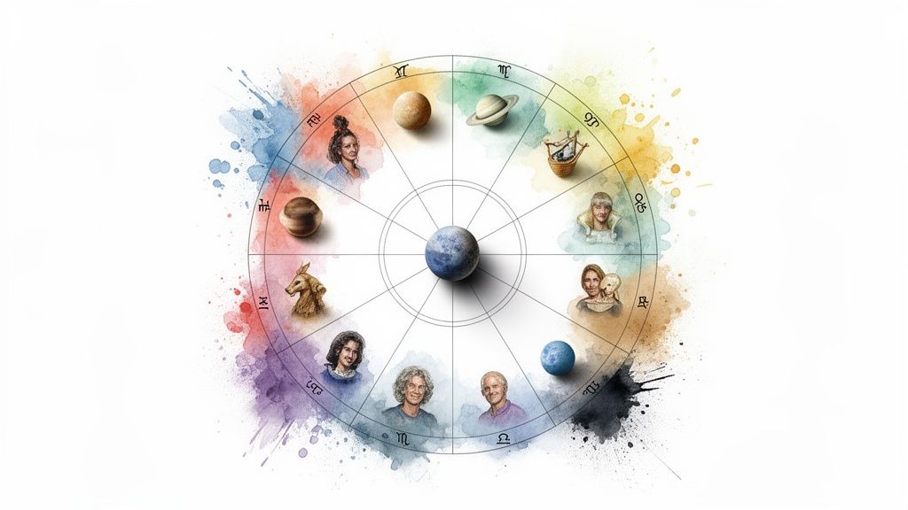 Une roue astrologique colorée avec des planètes, des symboles du zodiaque et des portraits de personnes sur fond d'aquarelle.