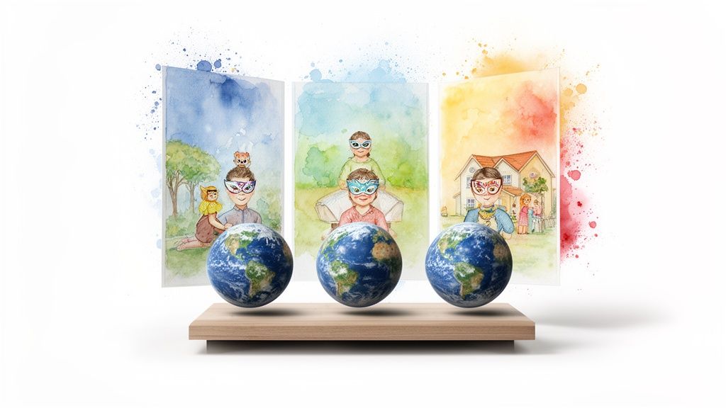 Trois illustrations aquarelles d'enfants masqués avec des globes terrestres flottants, symbolisant l'imagination et la découverte.