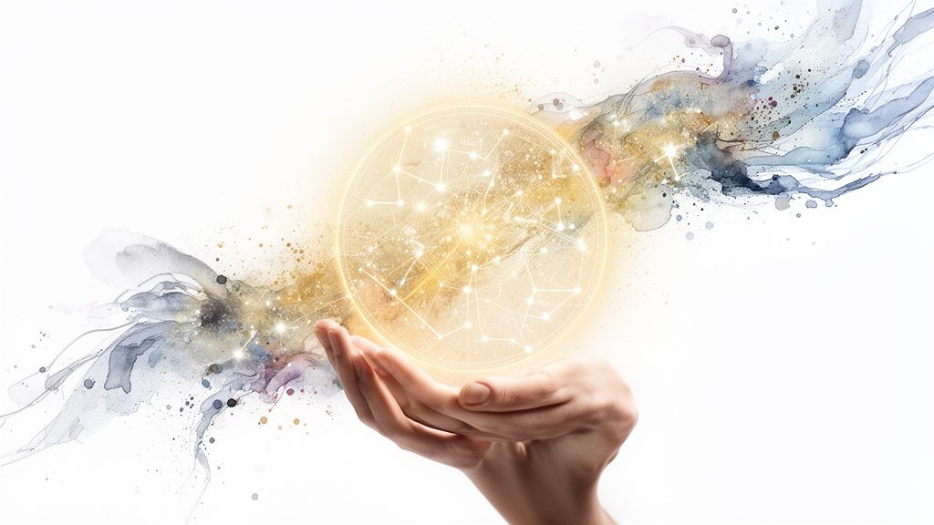 Mains tenant une sphère lumineuse dorée avec un réseau stellaire, entourée de nuages d'aquarelle abstraits.