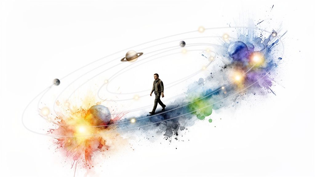 Homme marchant sur un chemin céleste coloré, entouré de planètes et d'orbes lumineux, symbolisant un voyage personnel.