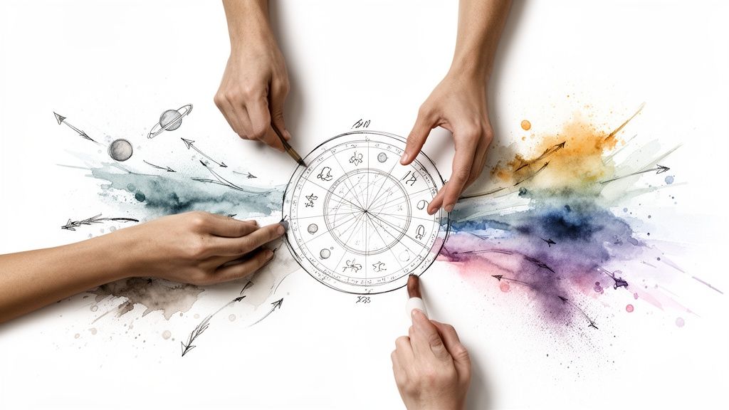 Des mains interagissant avec une roue astrologique dessinée, entourée d'éclaboussures d'aquarelle colorées et de symboles célestes.