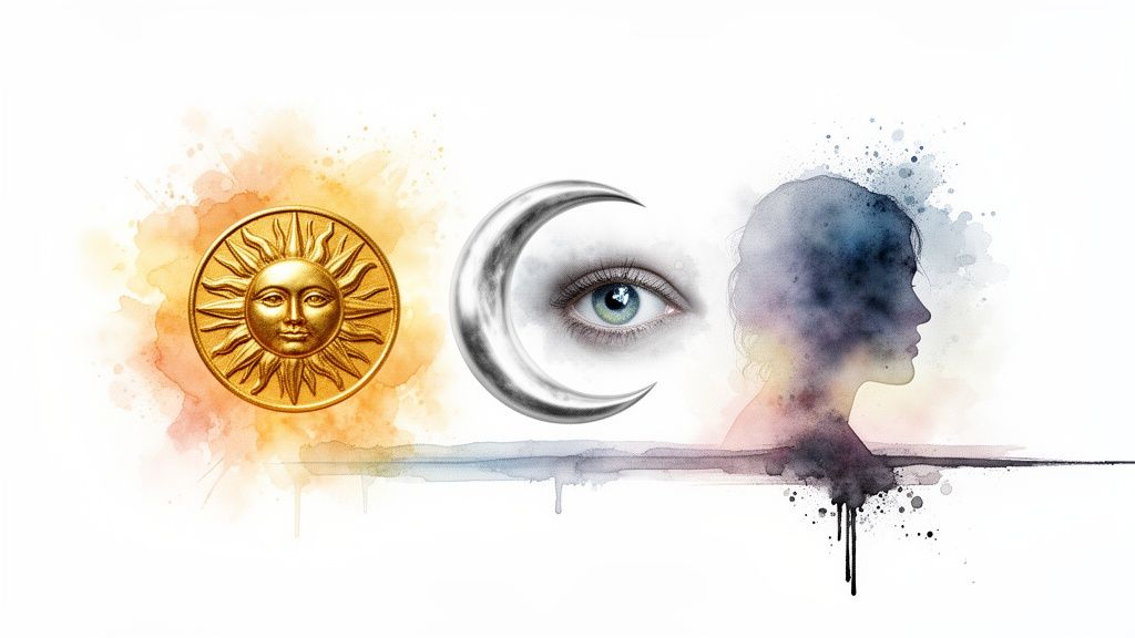 Symbole solaire doré, croissant de lune argenté avec œil, et silhouette de femme en aquarelle, sur fond blanc.