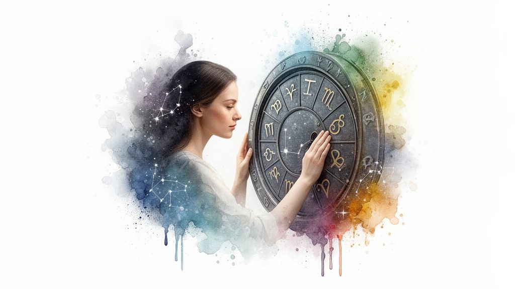 Une femme touche un grand cadran astrologique avec des symboles de signes du zodiaque, entouré de constellations et d'éclaboussures d'aquarelle.