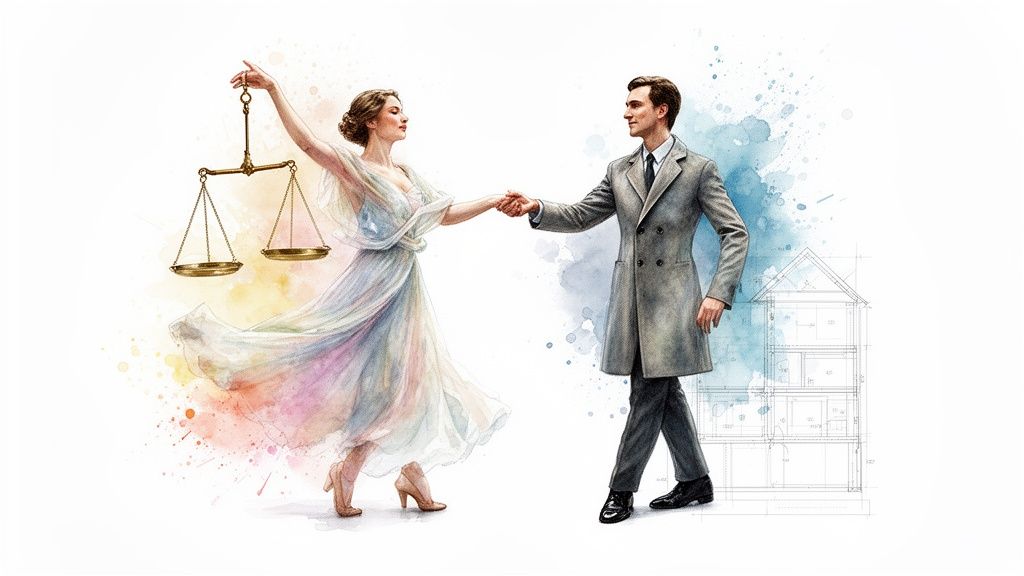 Femme en robe fluide tenant une balance et homme en costume se tenant la main, sur fond abstrait.