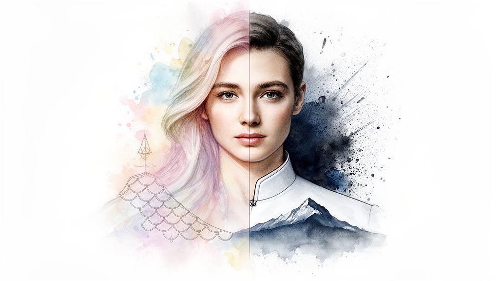 Portrait divisé d'une femme, un côté doux avec des pastels et architecture, l'autre sombre avec éclaboussures et montagnes.