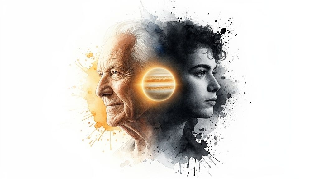 Illustration aquarelle d'un homme âgé et d'une jeune femme avec Jupiter entre eux, évoquant l'astrologie et le temps.