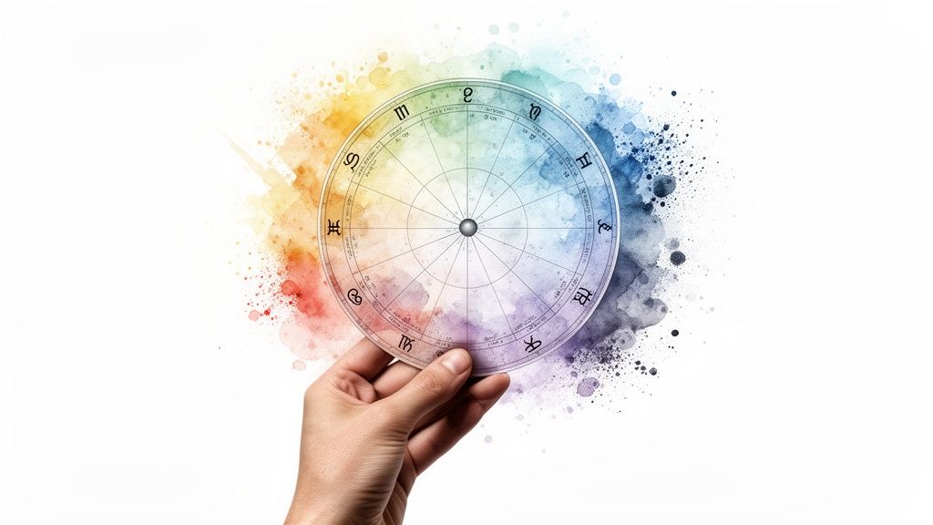 Une main tenant un cadran astrologique coloré avec des signes du zodiaque sur un fond aquarelle abstrait.