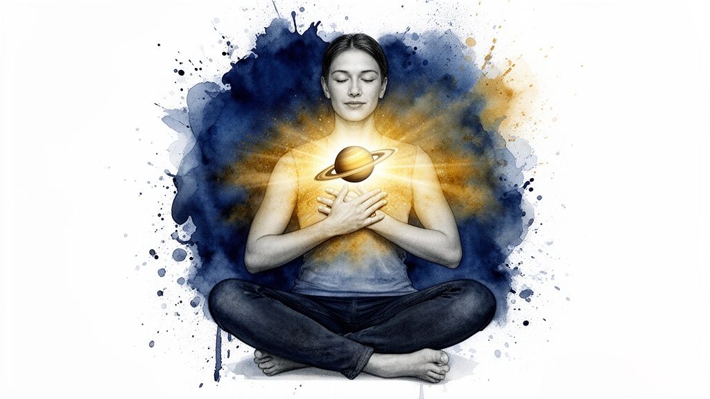 Personne méditant, les yeux fermés, tenant la planète Saturne lumineuse sur sa poitrine avec des éclaboussures d'aquarelle.