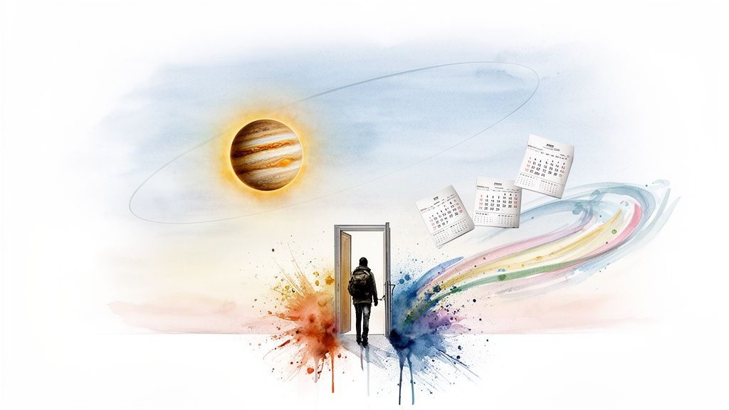 Une personne entre dans une porte, avec Jupiter, des calendriers flottants et des éclaboussures de couleur symbolisant le temps et le destin.
