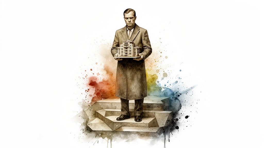 Un homme en manteau tient une maquette de bâtiment, debout sur une plateforme géométrique avec des éclaboussures d'aquarelle colorées.