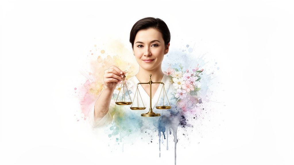 Portrait d'une femme souriante tenant une balance de justice, entourée d'éclaboussures d'aquarelle florale.