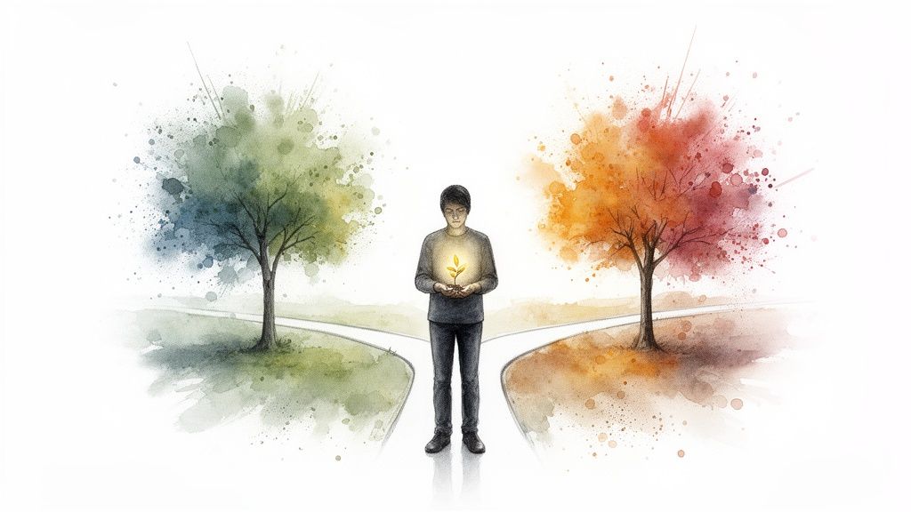 Un homme tient une plante lumineuse à un carrefour entre deux arbres, symbolisant choix et croissance.