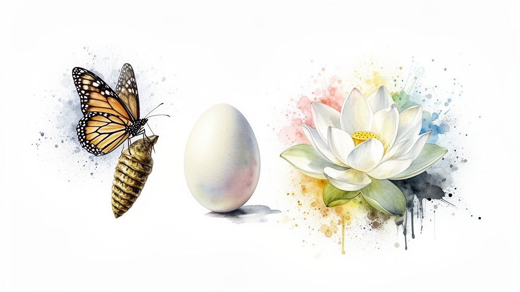 Une illustration aquarelle d'un papillon monarque émergeant, un œuf blanc et un lotus immaculé, symboles de vie et de transformation.