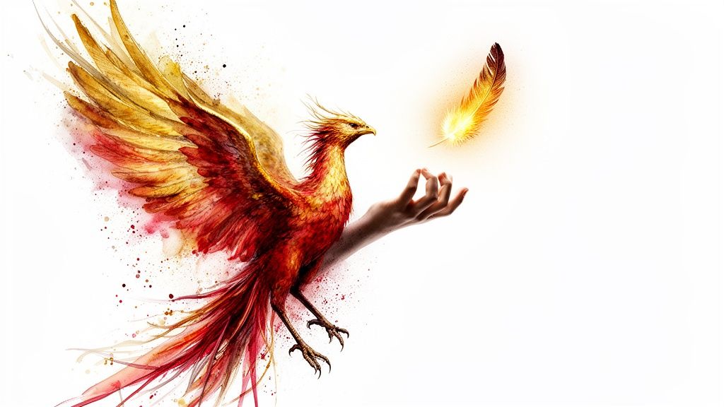 Un phénix rouge et or s'envole, une main tendue vers une plume lumineuse.