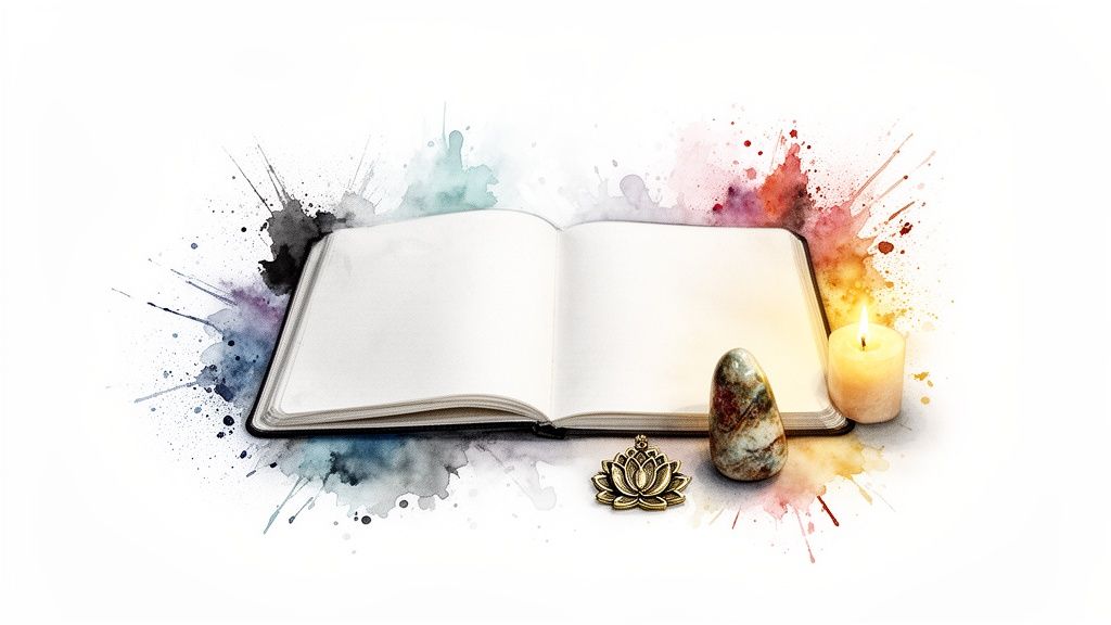 Un livre ouvert avec des pages blanches, entouré d'éclaboussures d'aquarelle colorées, une bougie et des symboles spirituels.